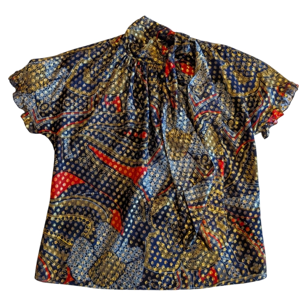 Vintage Thread Social Silk Metallic Blouse | Size S | Tie Neck | Made in USA